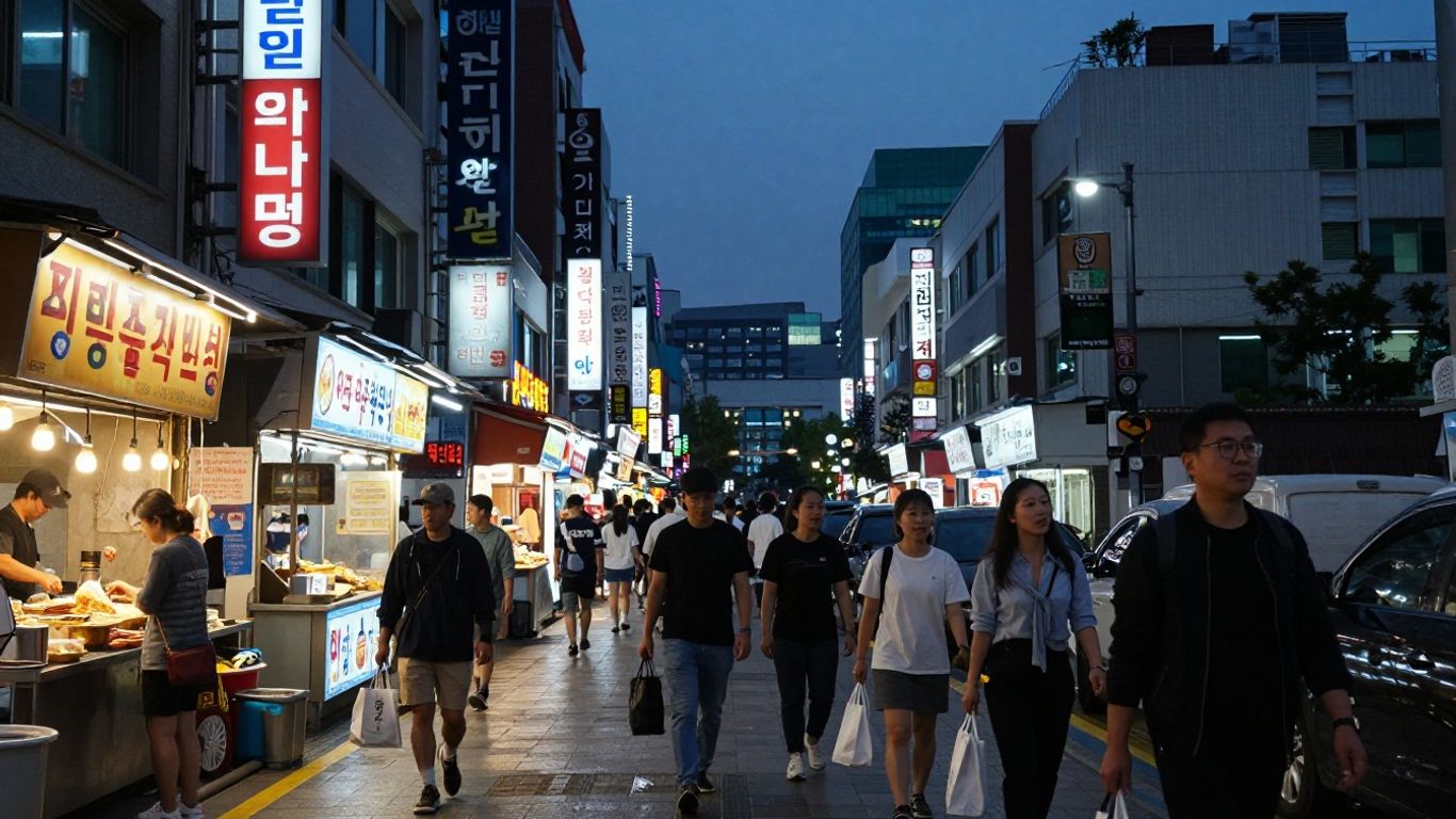 Seoul street at dusk with food stalls and apartments.