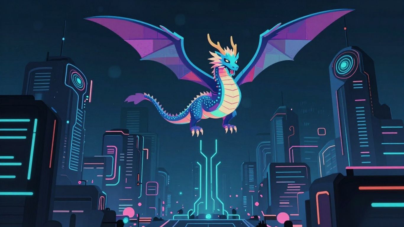 Futuristic AI cityscape with a digital dragon.