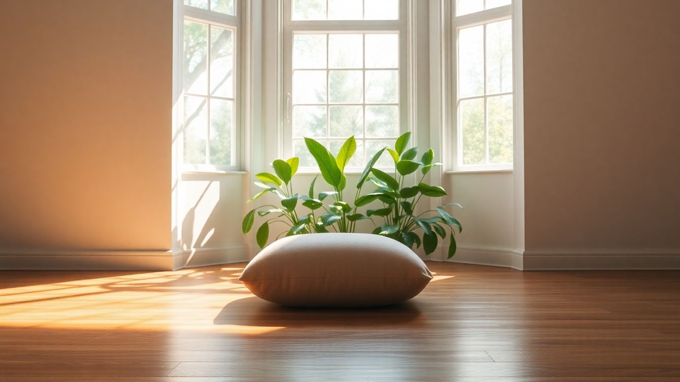 Peaceful meditation space with plants and sunlight.