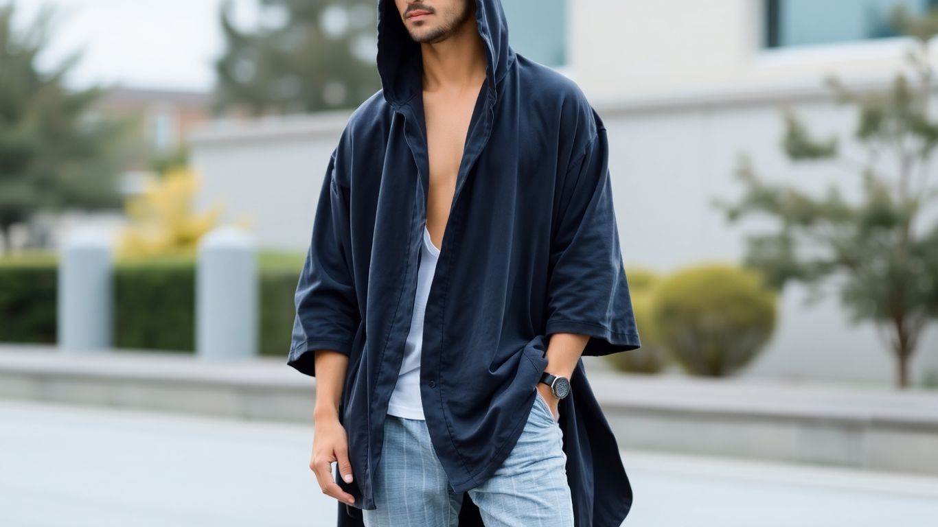 Man wearing a stylish hooded kimono outdoors.