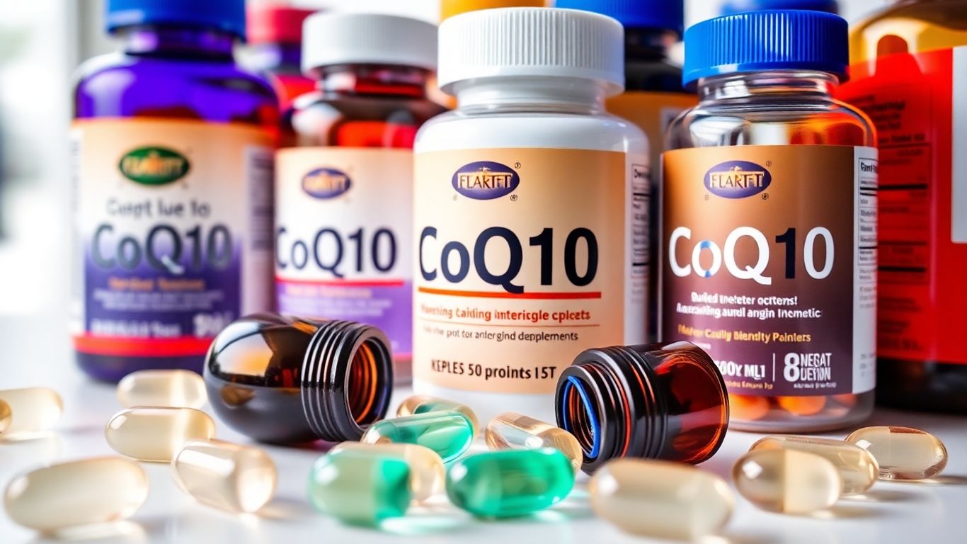 CoQ10 supplements in bottles and capsules.