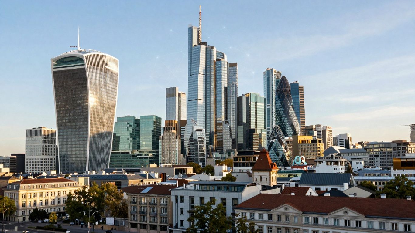 Europäische Stadtlandschaft mit modernen und historischen Gebäuden.