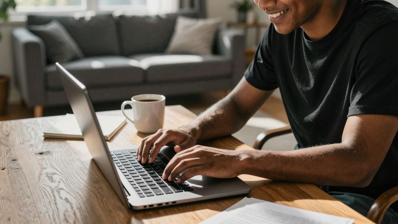 Aussie working from home on laptop, earning extra cash.