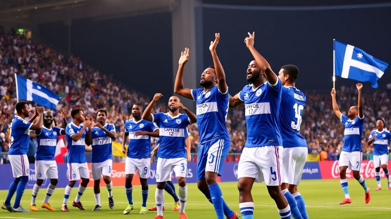 Joueurs capverdiens célébrant une victoire sous les projecteurs du stade.