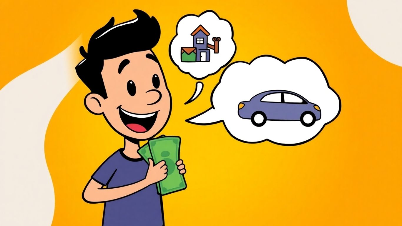 Person holding cash with dreams of a house and car.
