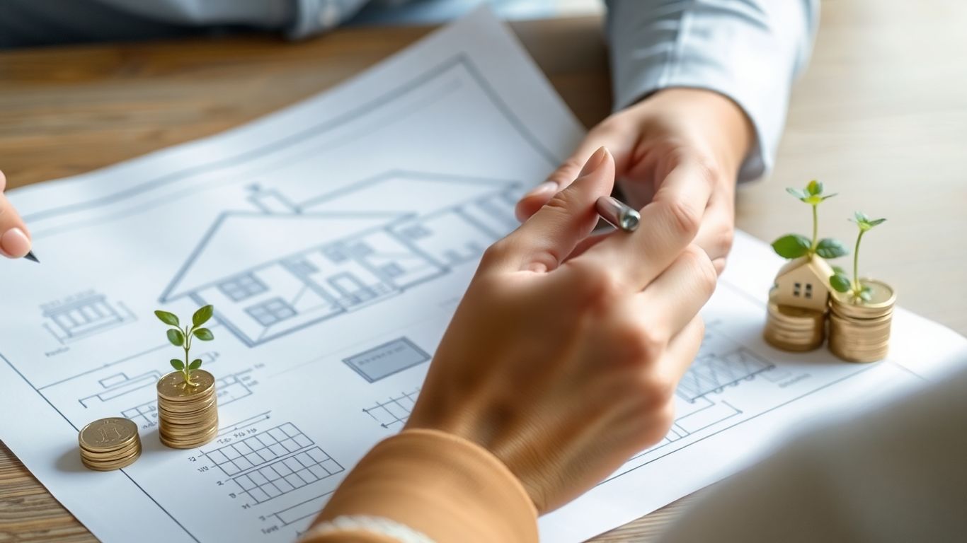 Person reviewing house plans with coins.