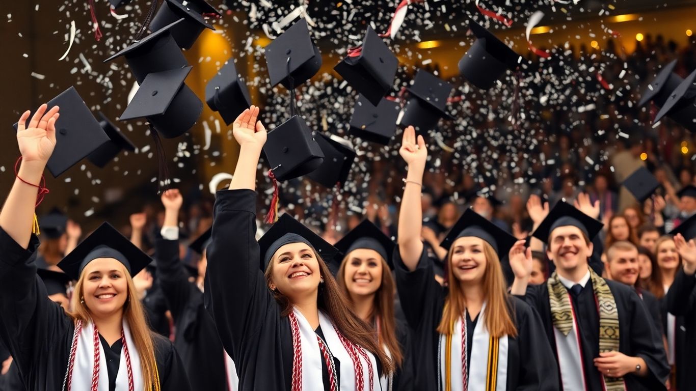 Graduates celebrating with hats in the air.
