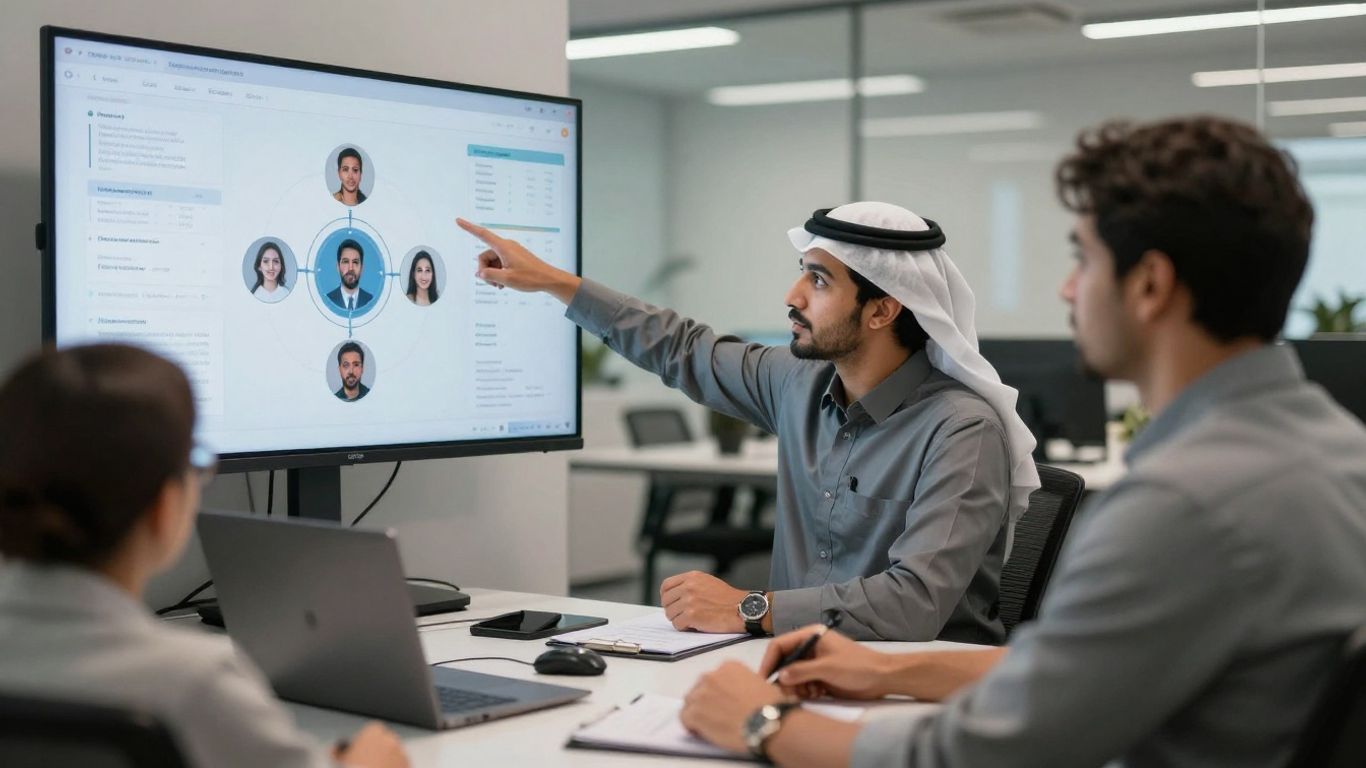 Mensen werken samen aan klantgegevens op een computerscherm.