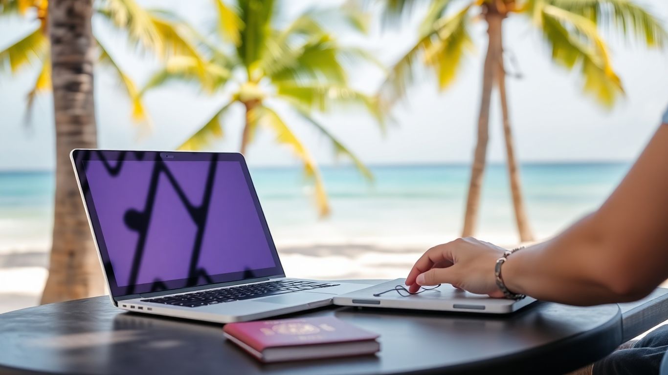 Laptop on a beach with passport.
