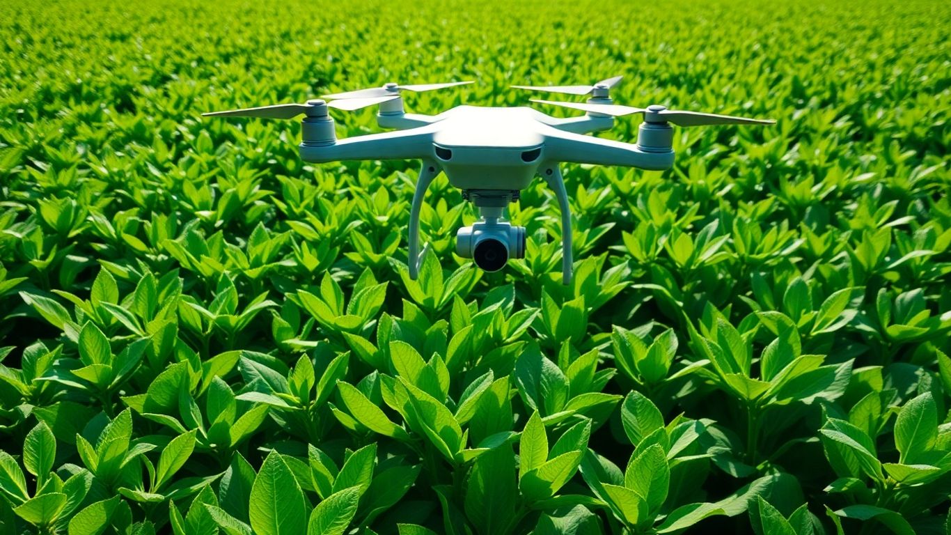 Drone surveying lush green crops in a sunlit field.