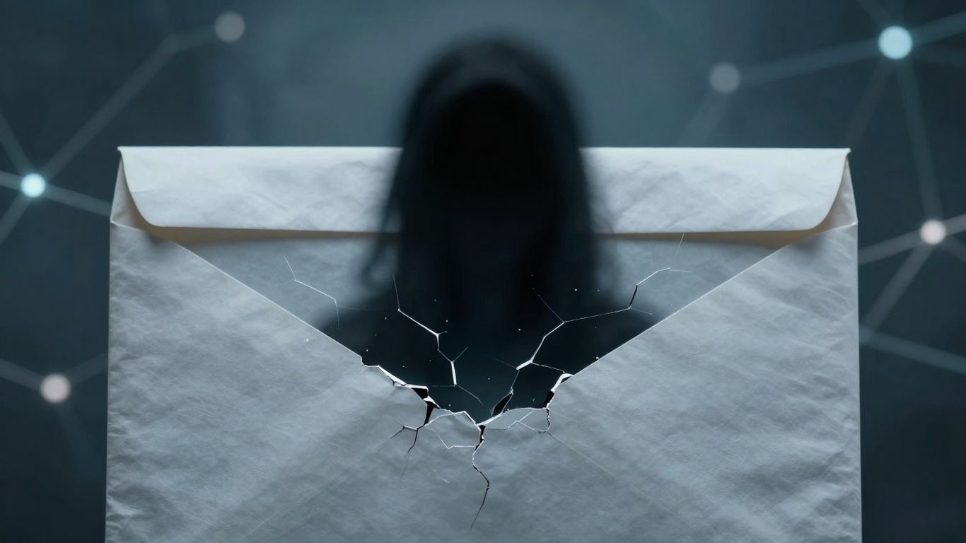 Cracked digital envelope with shadowy figure behind it.