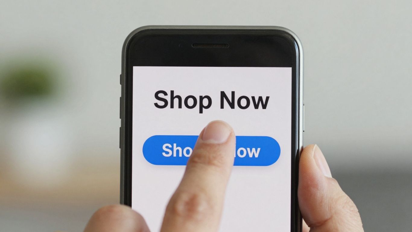 Finger about to click 'Shop Now' button on phone.