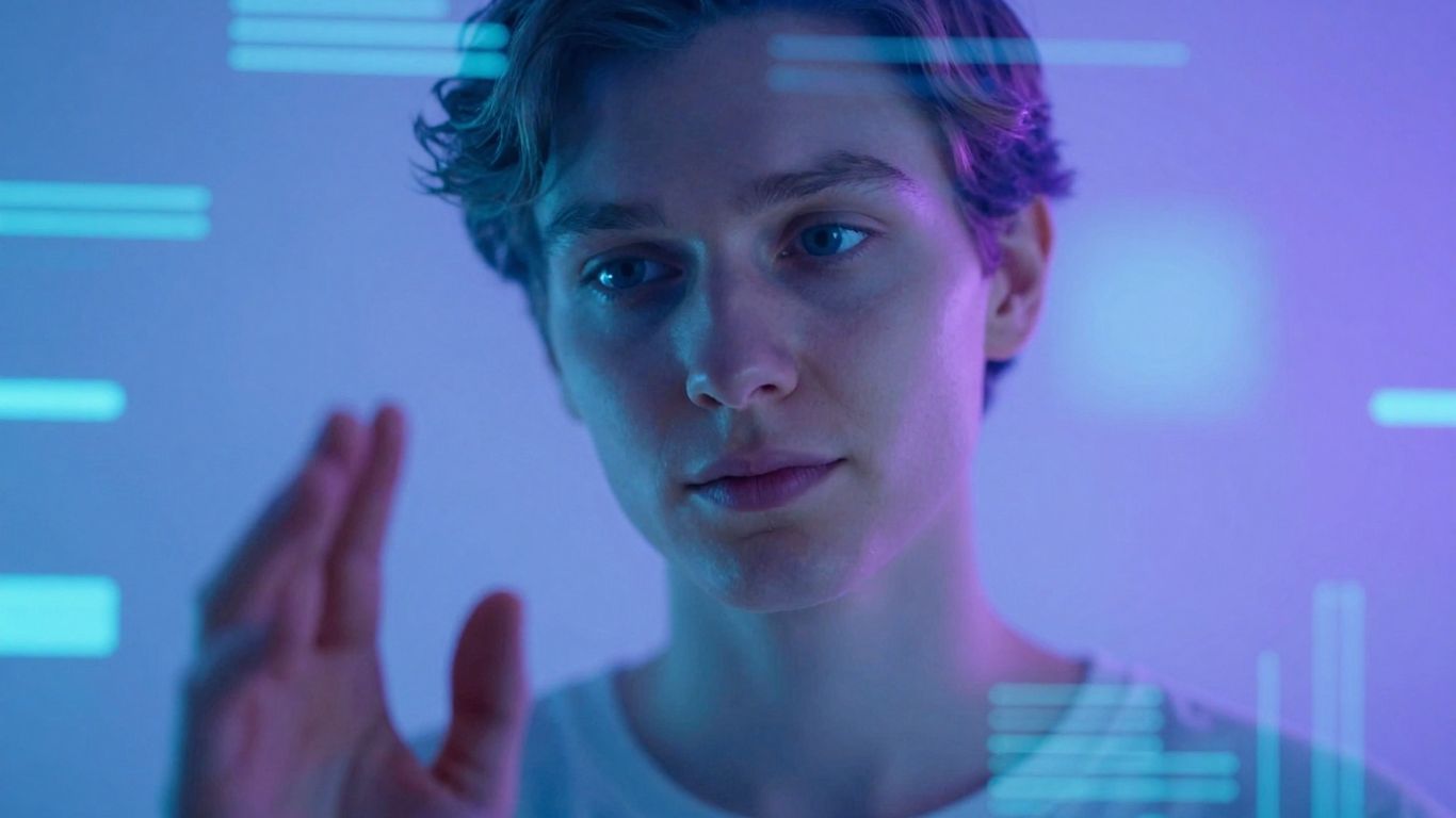 Person communicating with a glowing AI interface.