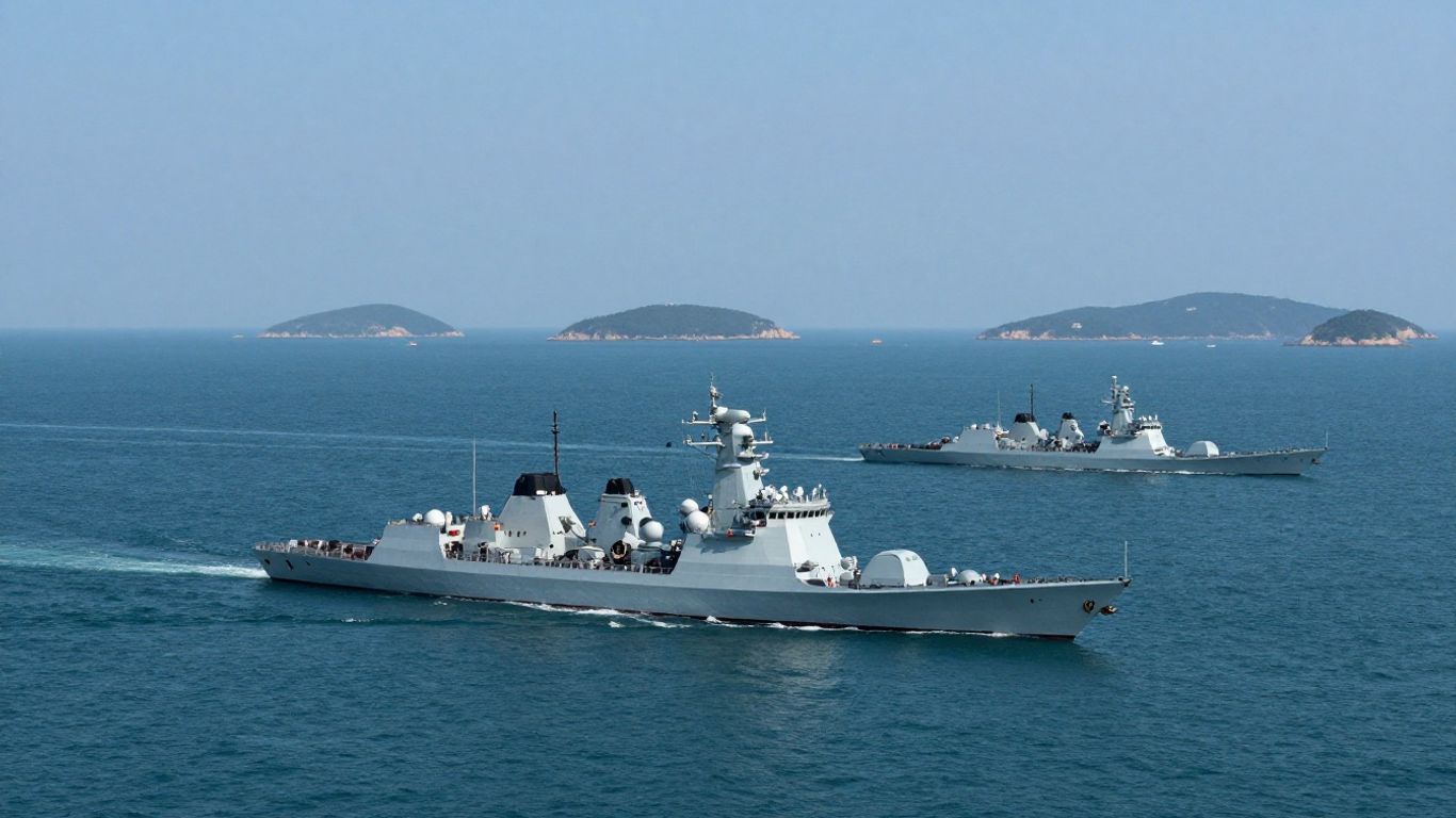 Chinese naval fleet in contested waters near islands.