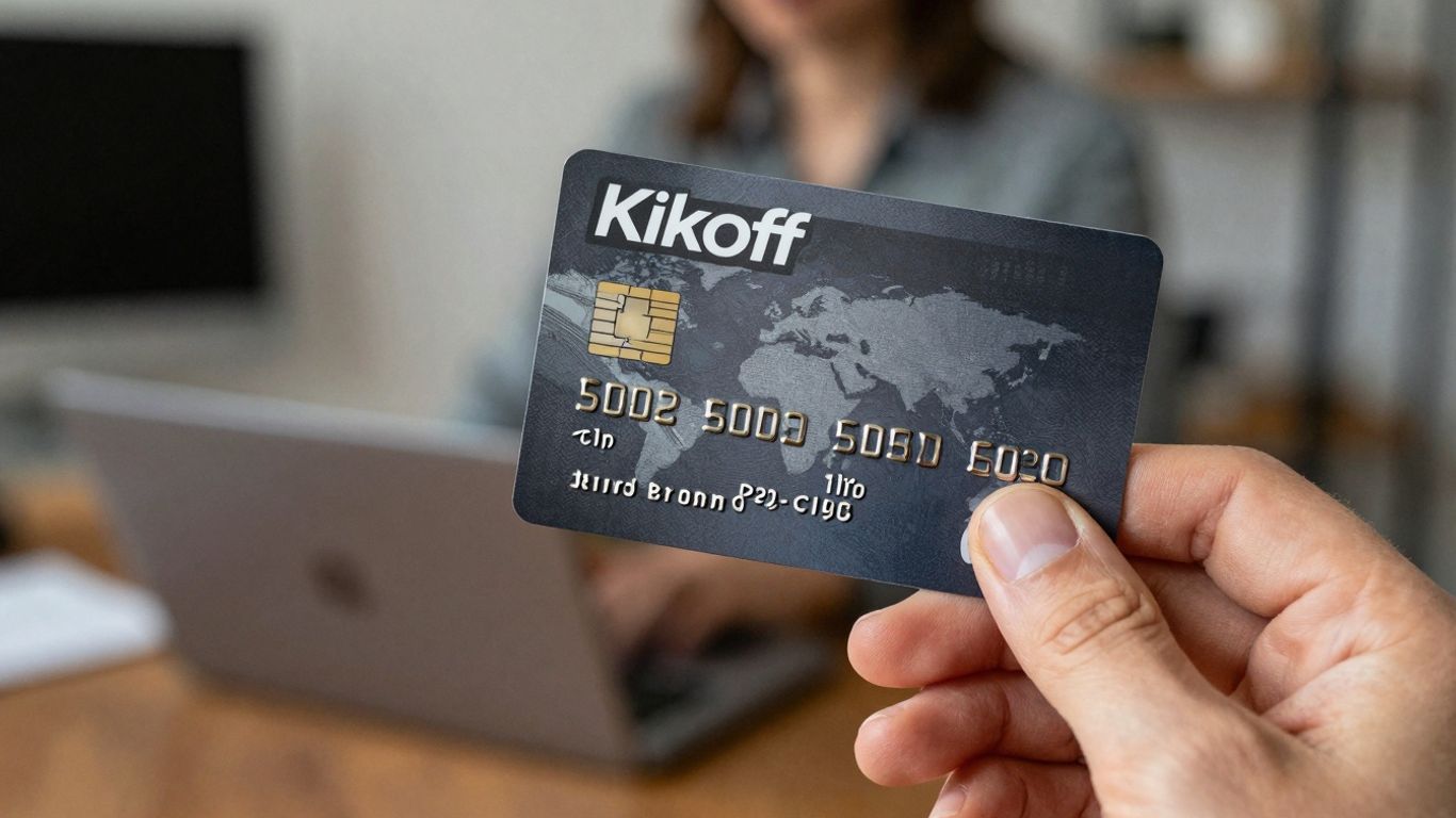 Kikoff credit card in hand, home office background.
