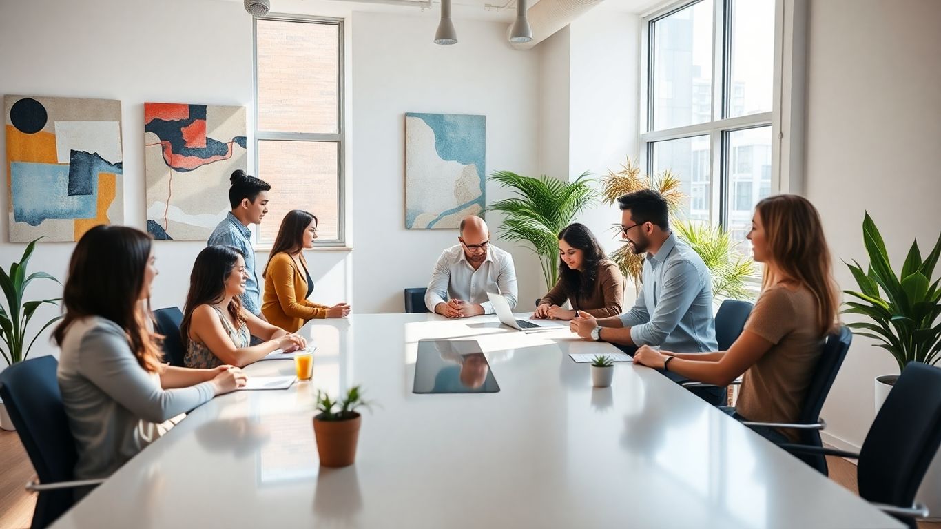Modern office interior with people collaborating.