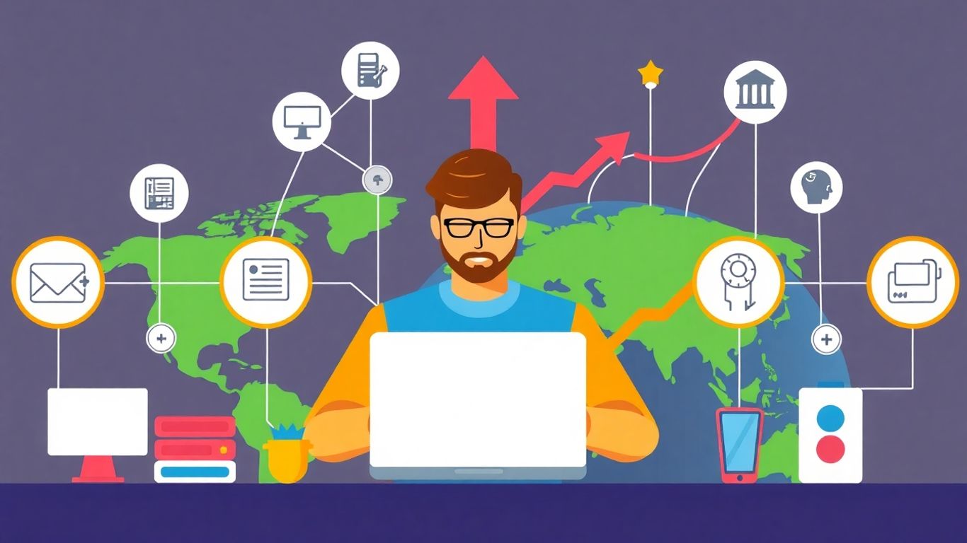 Remote tech support business infographic with laptop and global network.