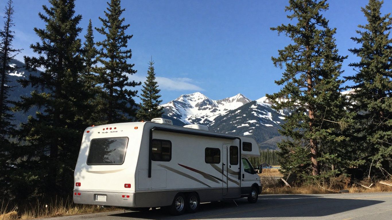 RV parked on scenic Canadian roadside with mountains.