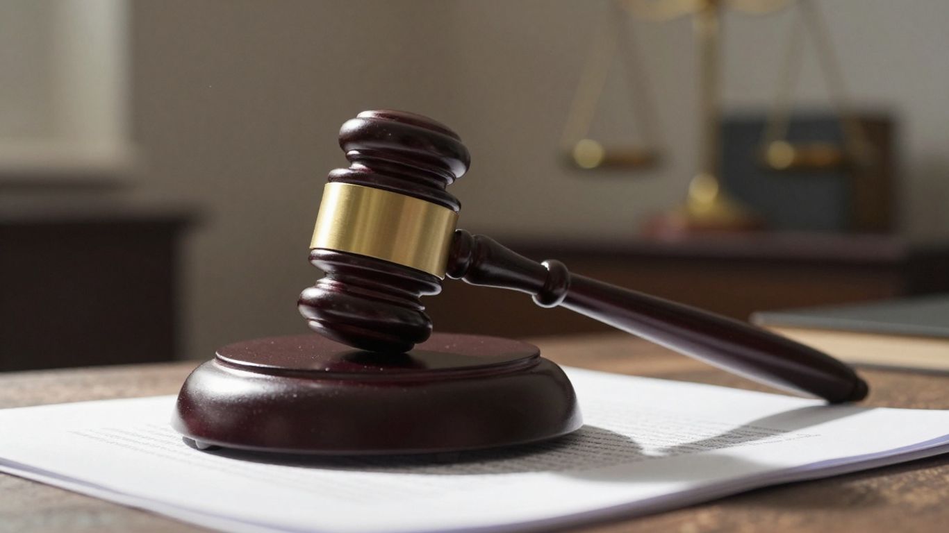 Gavel on legal document, courtroom setting.