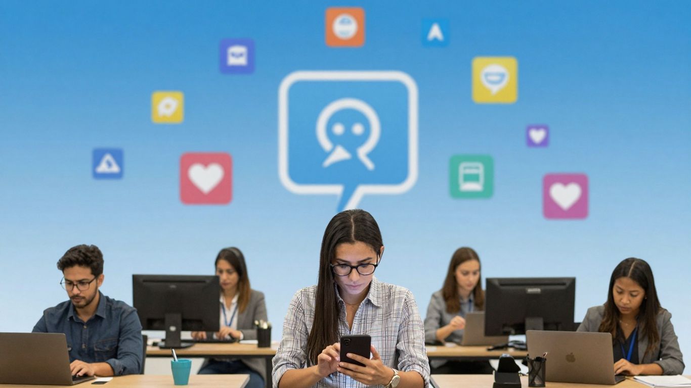 People using devices with social media icons.