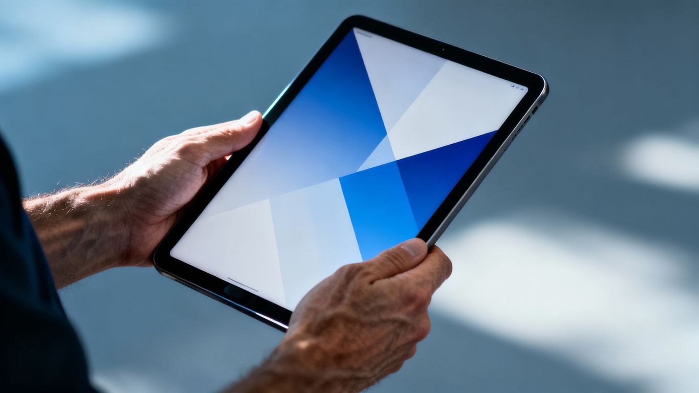 Hands holding a tablet with a digital document.