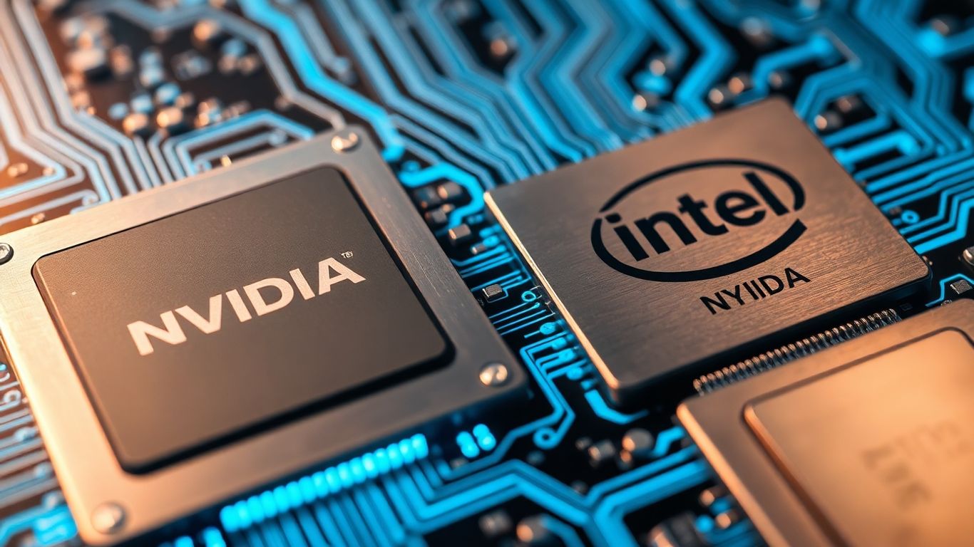 Nvidia and Intel chips fused with glowing blue connections.