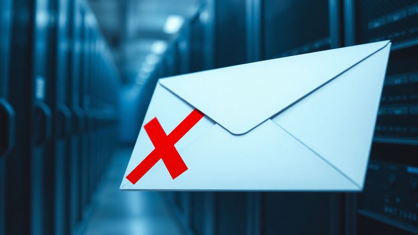 Digital envelope with a red cross against server racks.