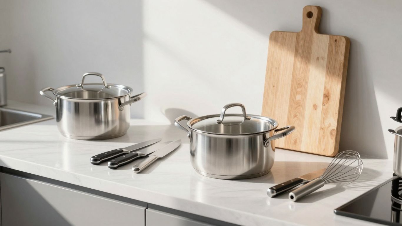 Essential kitchen tools neatly arranged on a counter.