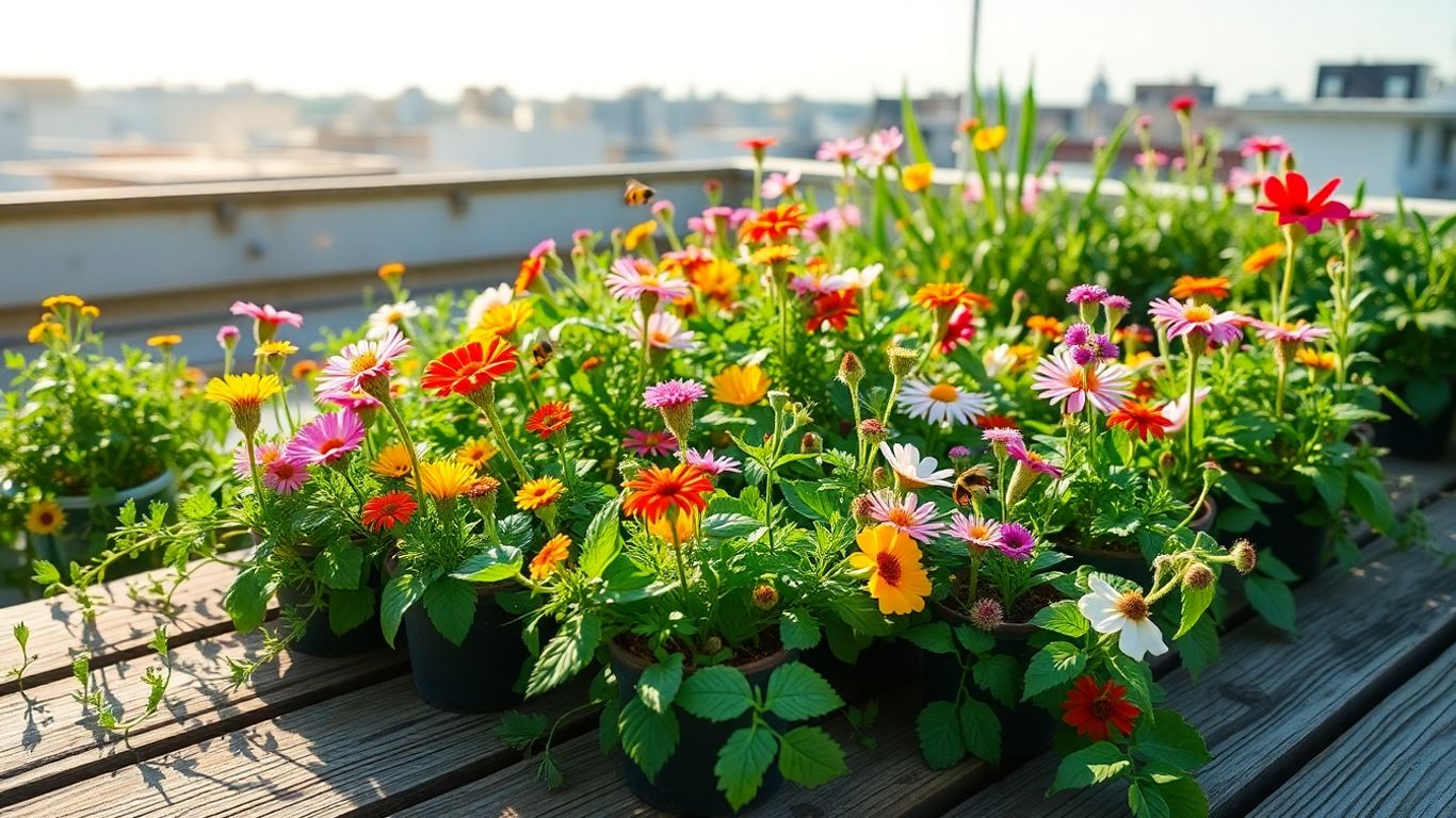 Mini-Garten mit Blumen und Insekten auf einem Dach