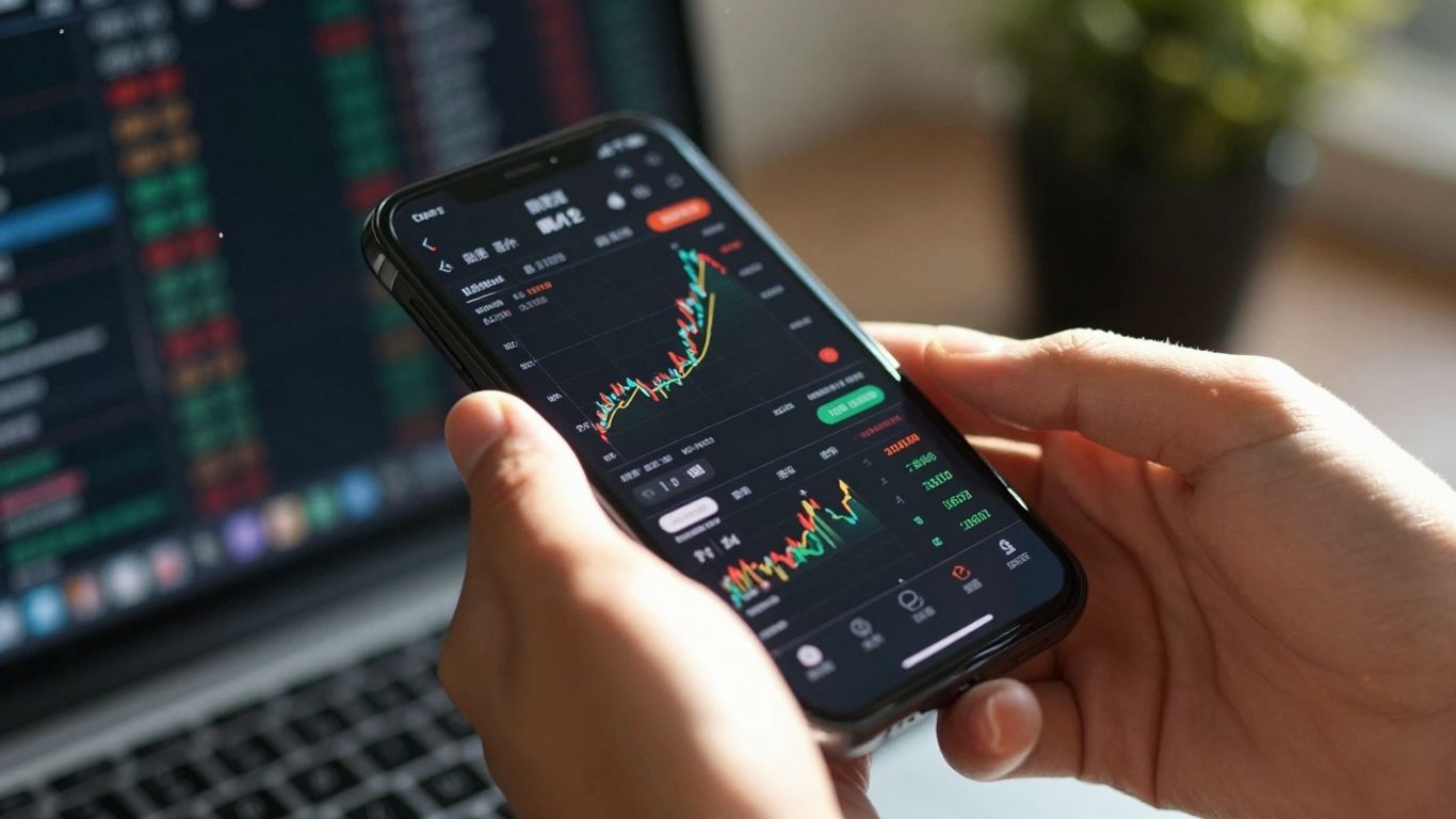 Mains tenant un smartphone avec des données financières.