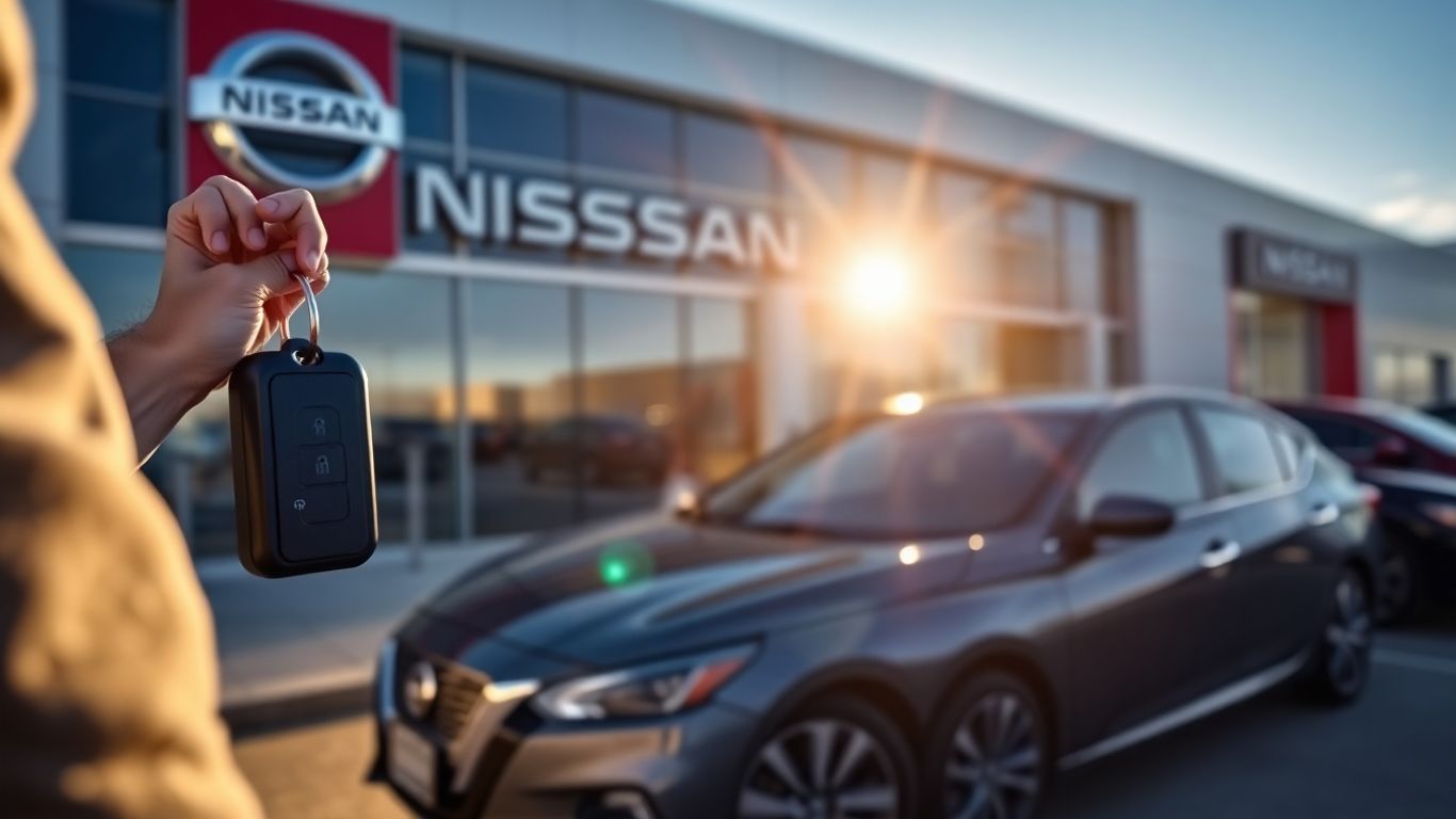 Person holding car keys near a new Nissan.