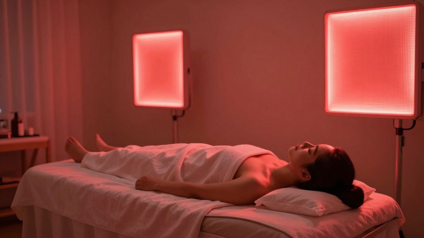 Person relaxing under red light therapy.