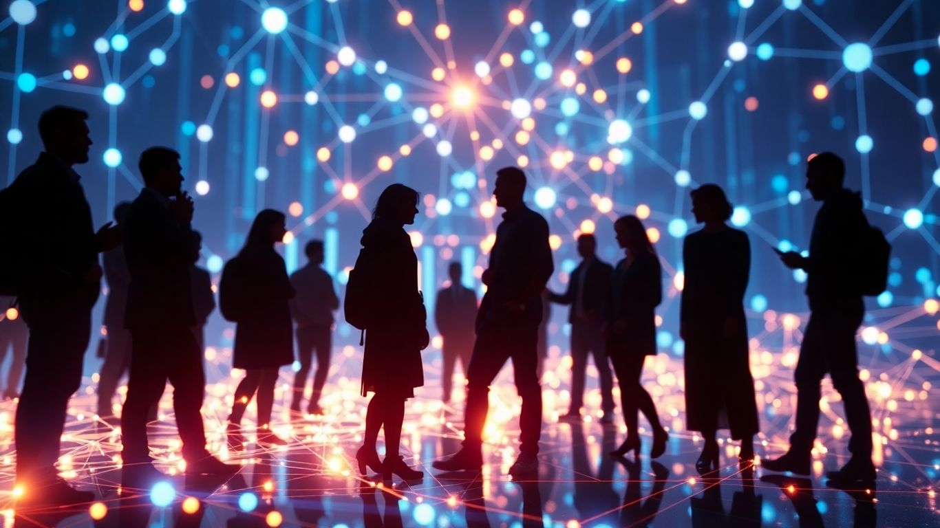 Interconnected digital streams and network nodes in modern society.