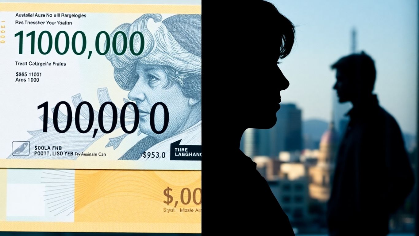 Australian $100,000 banknote and person contemplating finances.