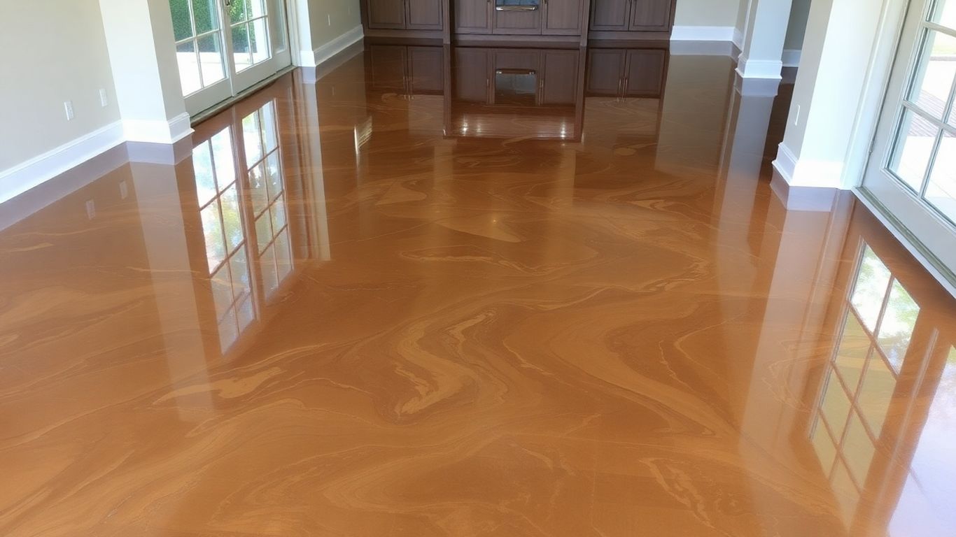 Metallic epoxy floor with bronze and gold swirls.