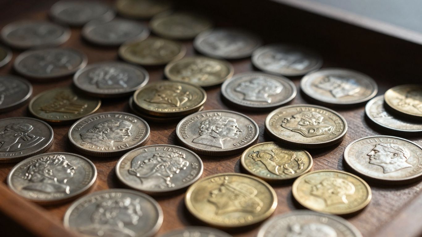 Collection of valuable coins in a tray.