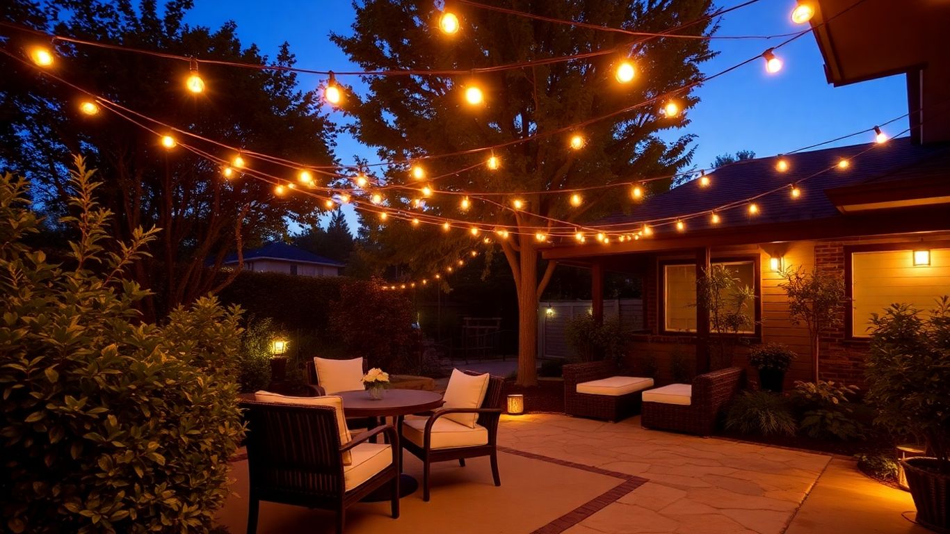 Warmly lit patio with string lights and comfortable seating.