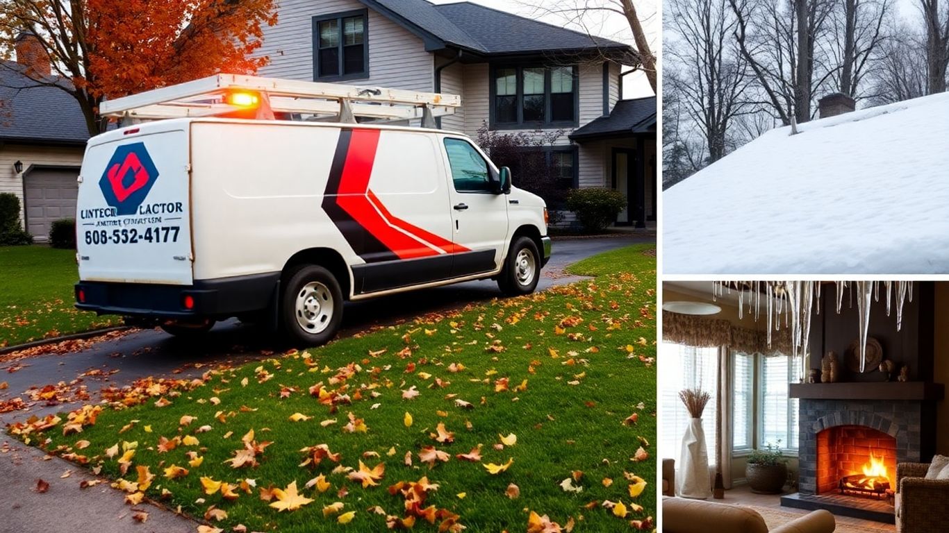 Contractor truck, autumn leaves, snow-covered roof, cozy fireplace interior.