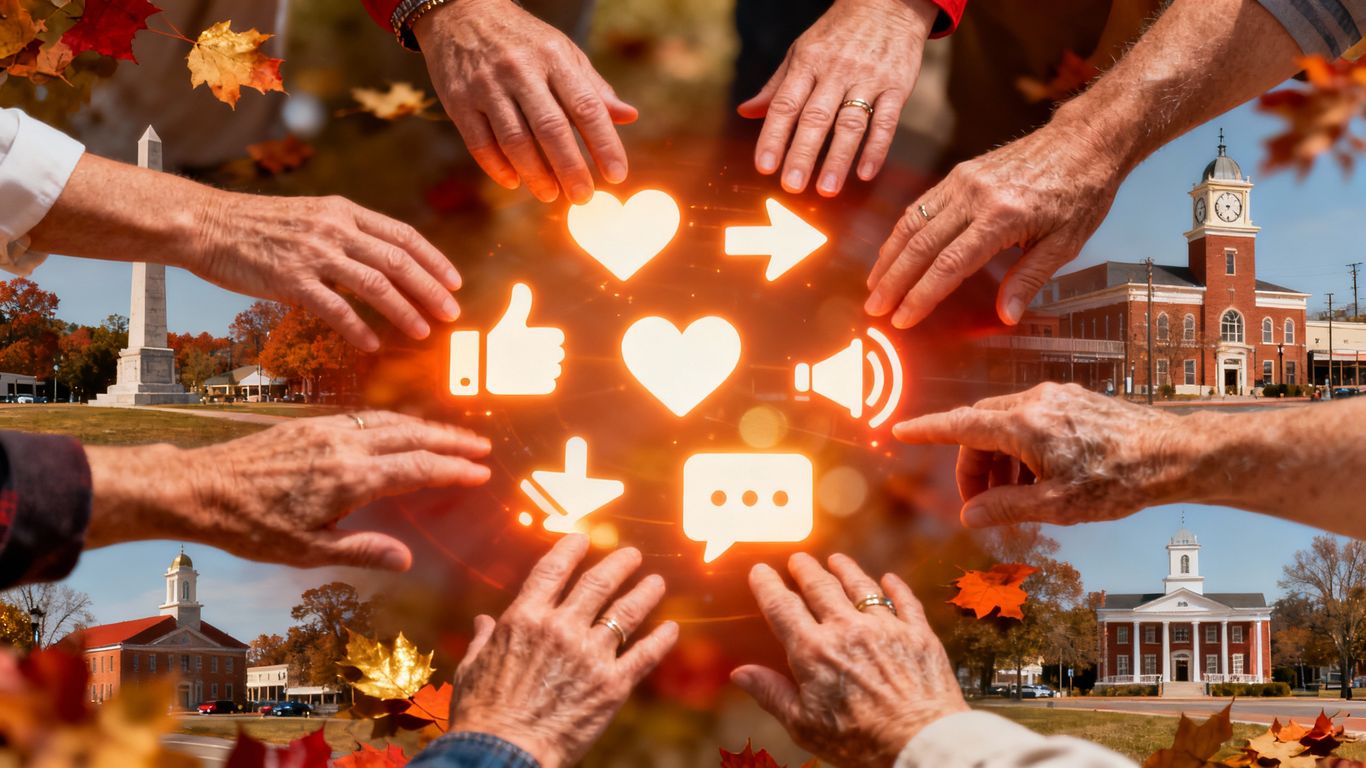 Social media engagement icons with autumnal background.