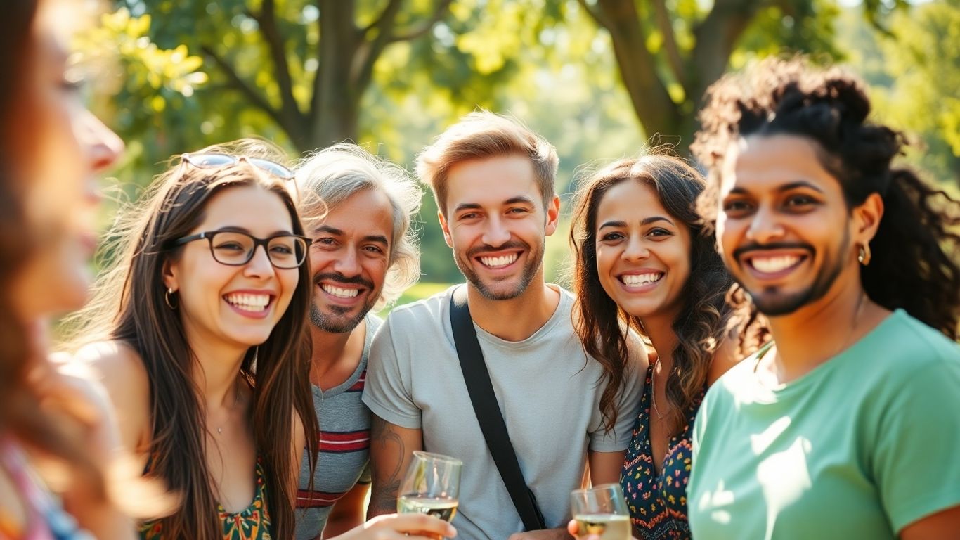 Smiling people connecting outdoors in sunlight.