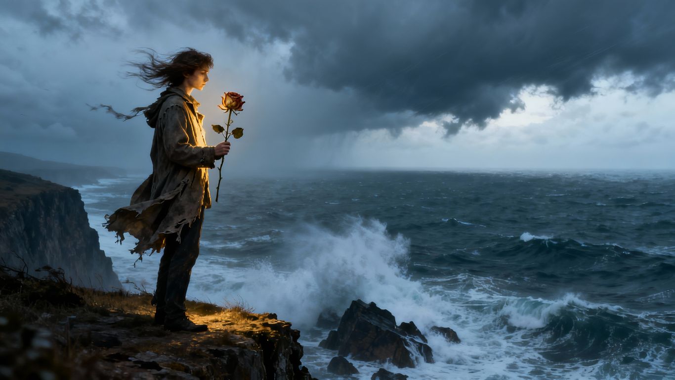 Poet overlooking stormy sea with wilting rose.