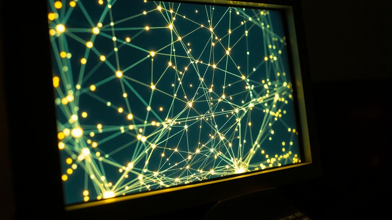Interconnected network lines on a vintage computer screen.