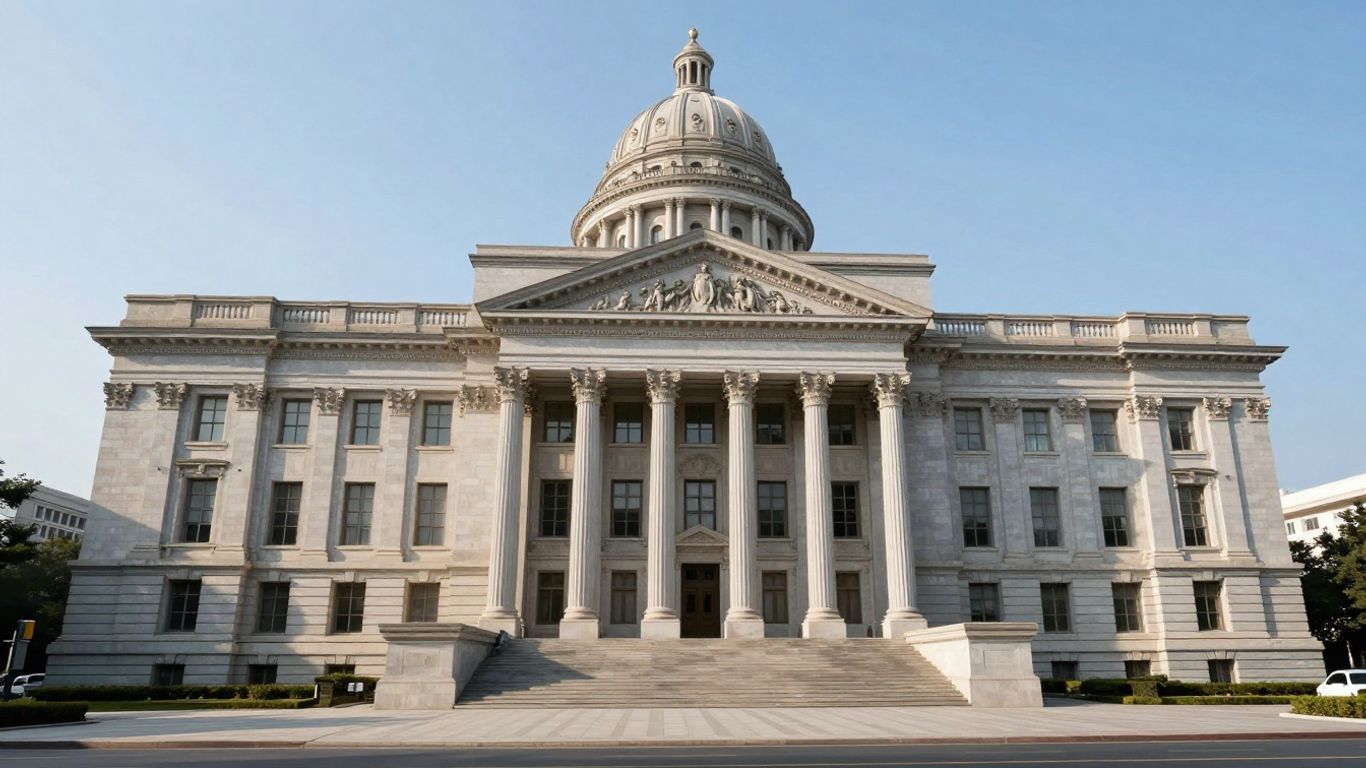 Clădire impunătoare a Curții de Conturi, simbol al controlului financiar.