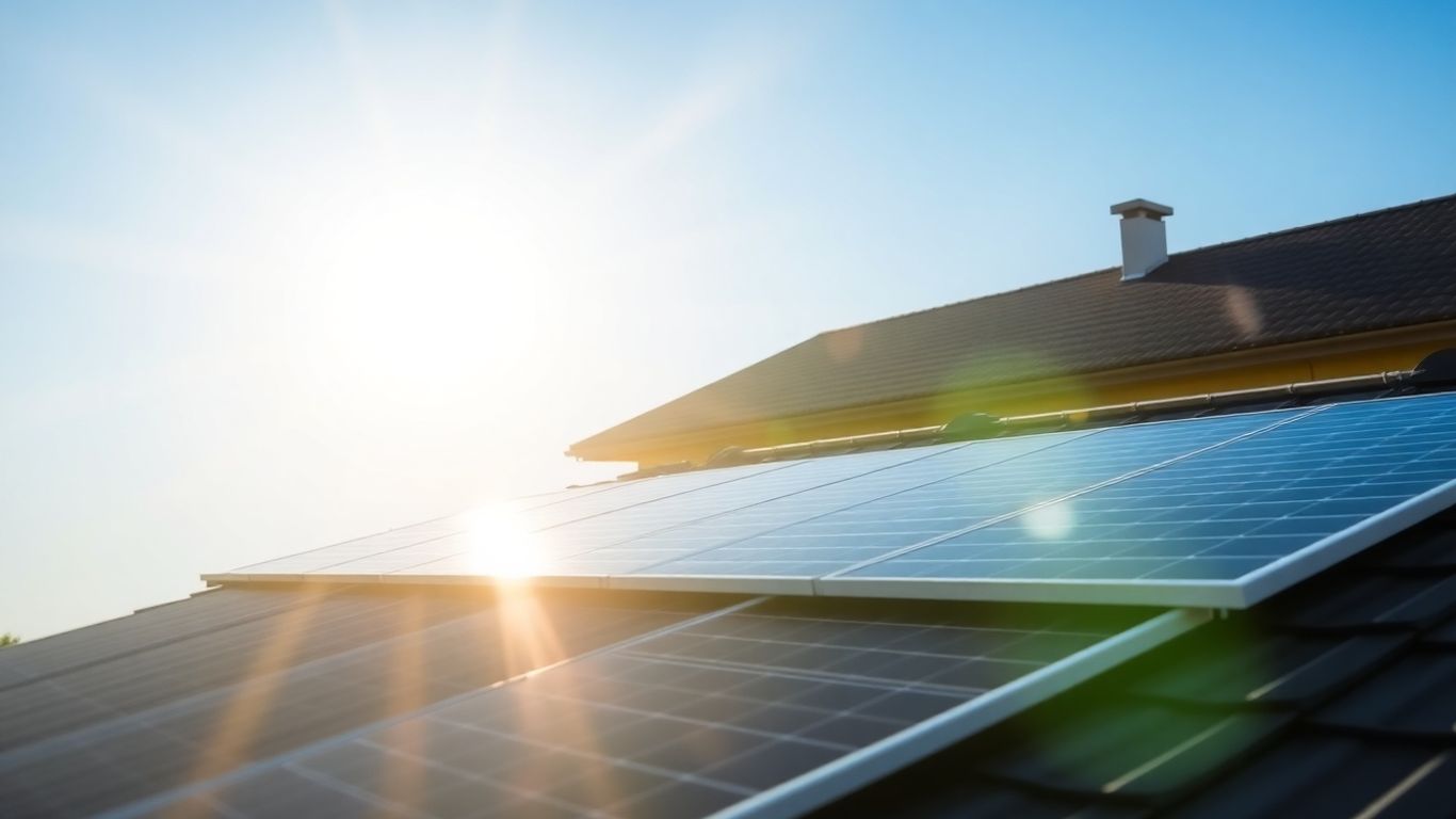 Solar panels on a roof under the sun.