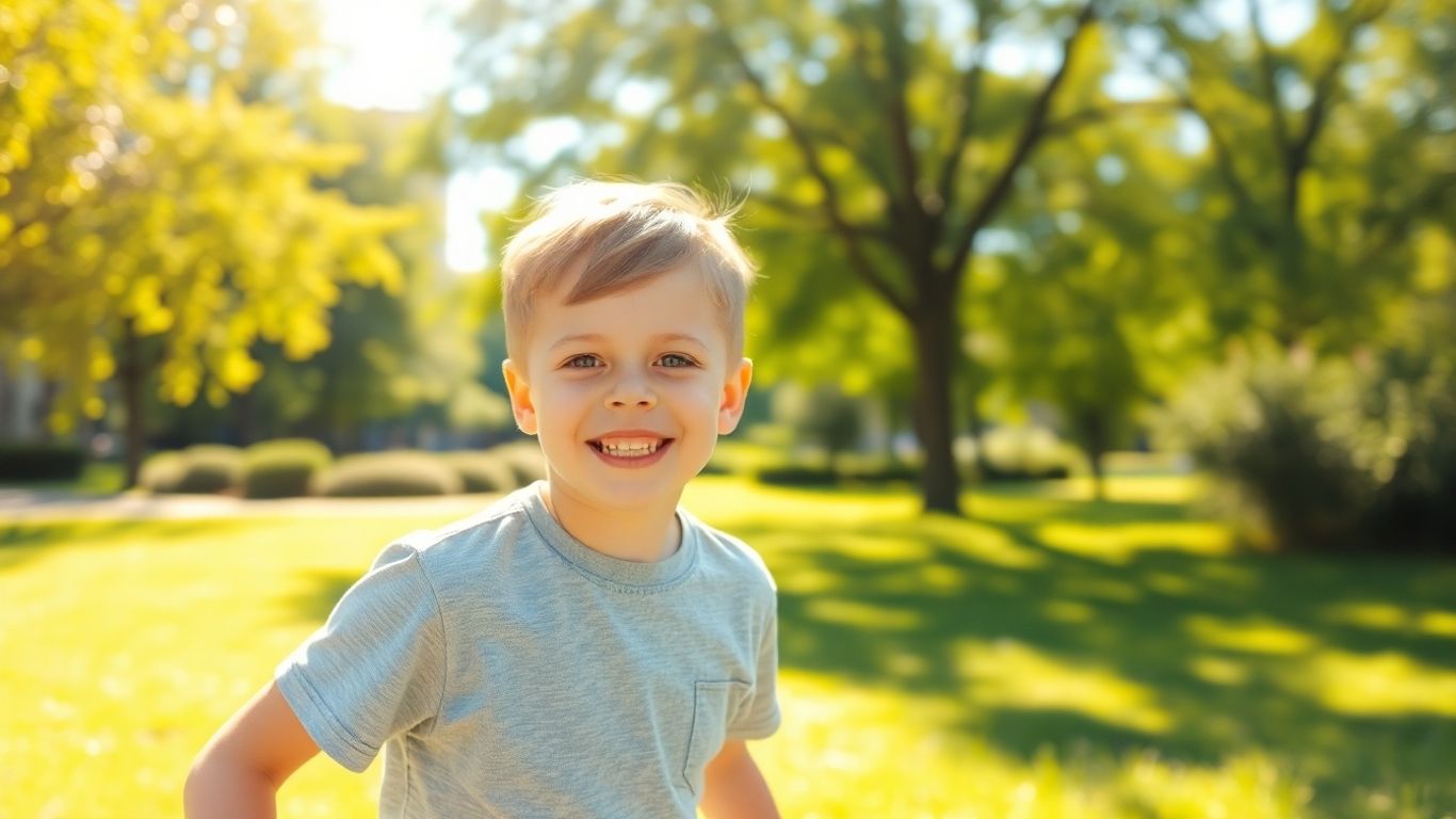 Junge Alexander spielt lachend im sonnigen Park