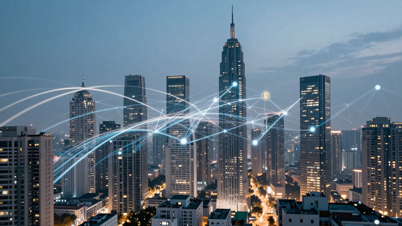 Futuristic cityscape with digital streams