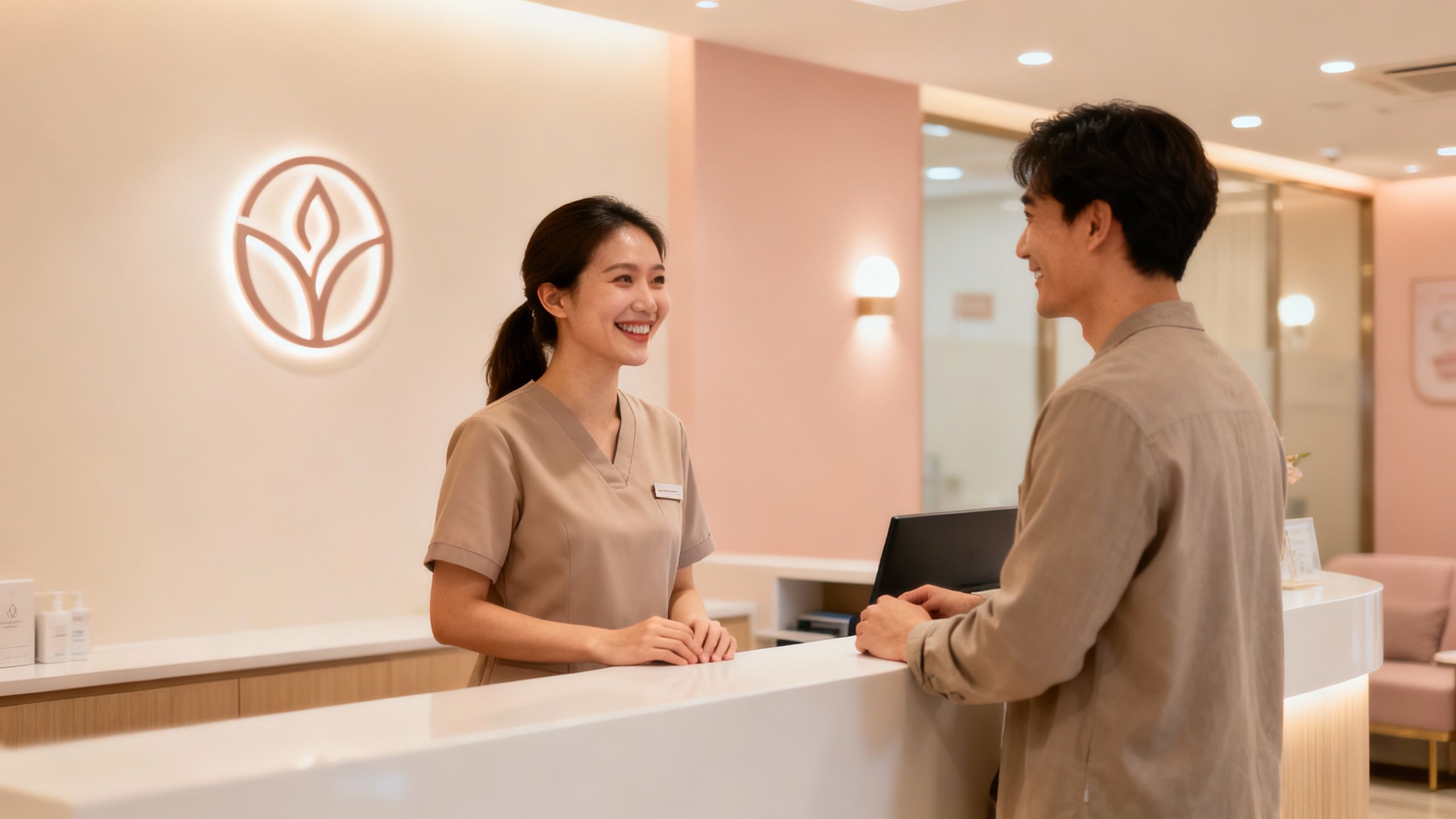 Clinic receptionist assisting a happy patient at the front desk.