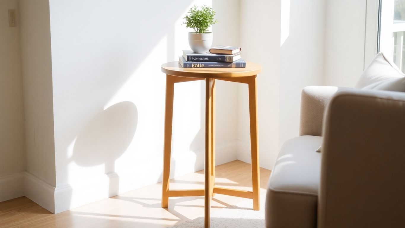 Tall side table next to armchair with books and plant.