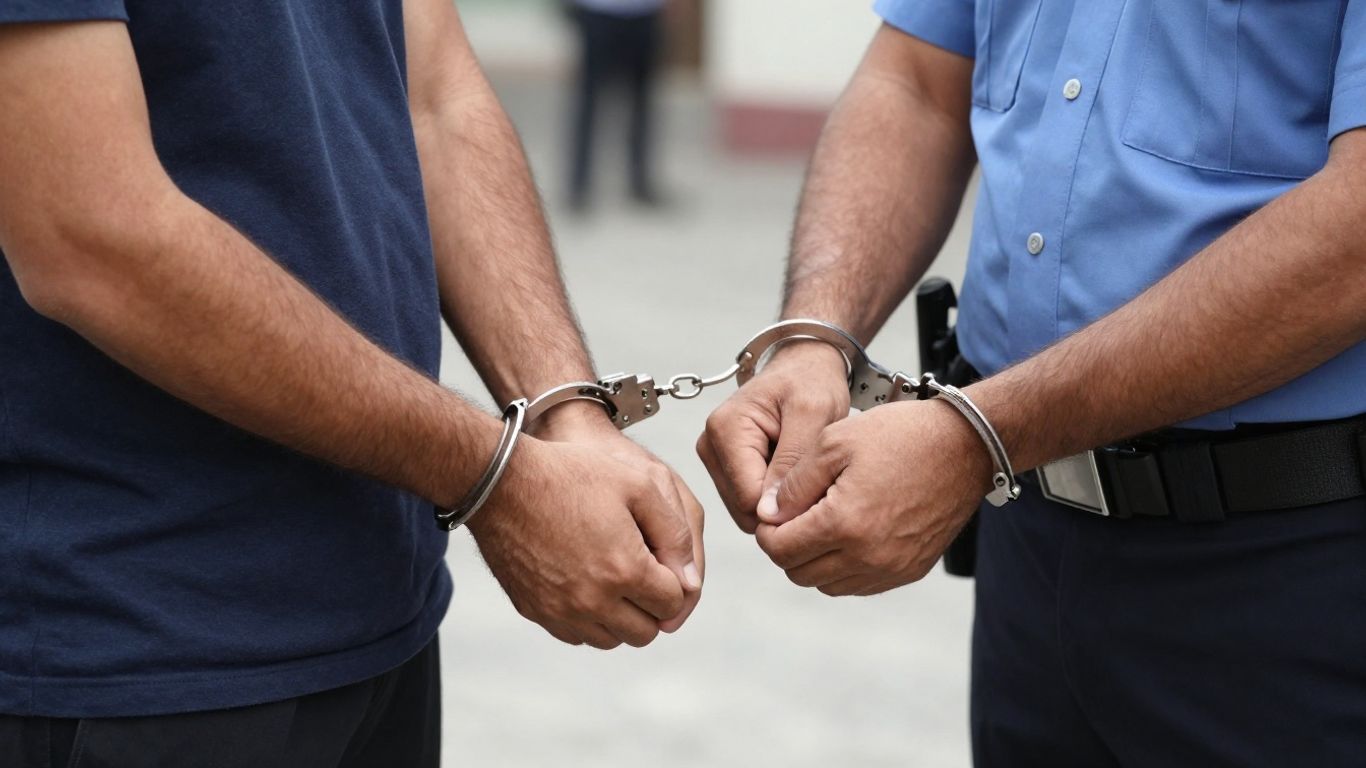 Police officer arresting a person with handcuffs.