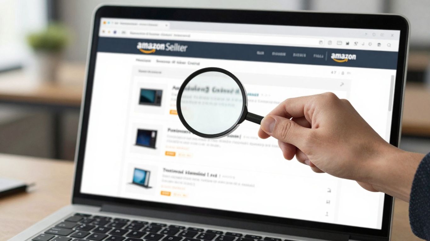 Amazon Seller Central interface with magnifying glass on product.